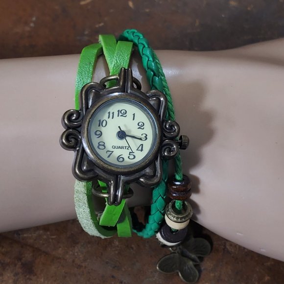 Beaded Bracelet Boho Watch - Butterfly Charm - Green - Picture 6 of 9